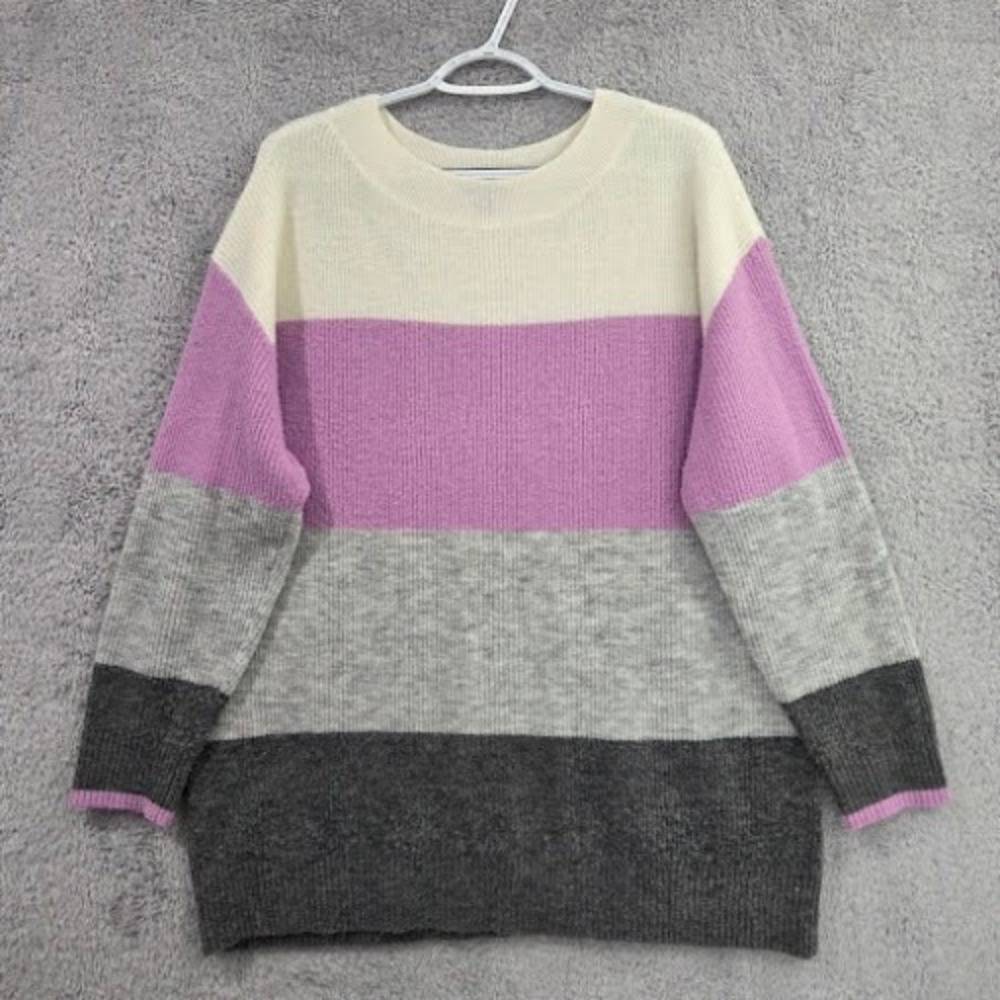 Talbots Sweater Women's XL Lavender Cream Gray Striped Tunic Colorblock Knit